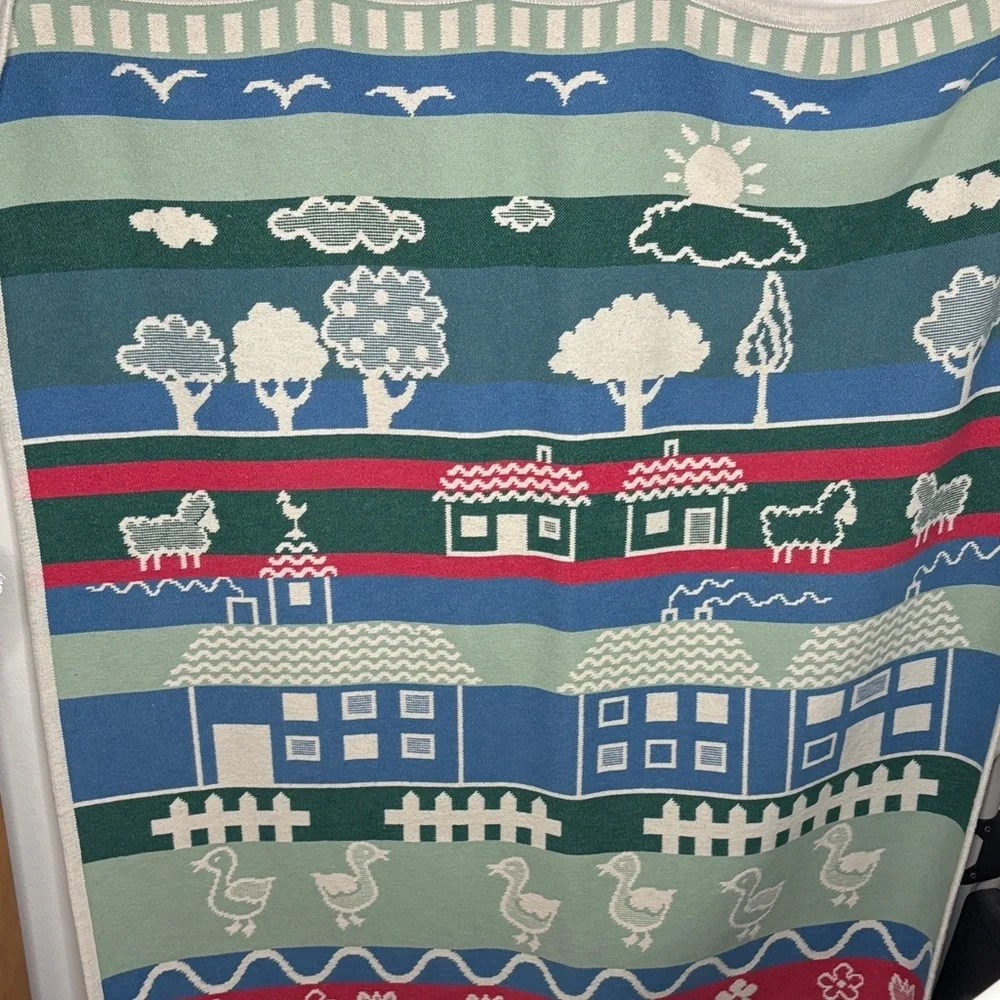 Vintage Santonja Blue Green House Sheep Cotton Blanket 53x53 BLEMISH